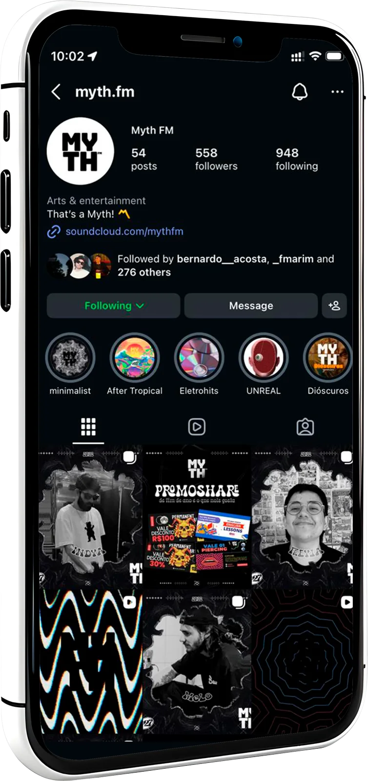 Mockup do perfil da MYTH.FM no Instagram